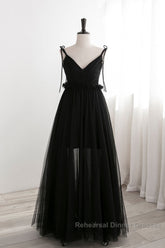 A-Line Black Tulle Long Semi Formal Prom Dresses, Black Formal Evening Dresses